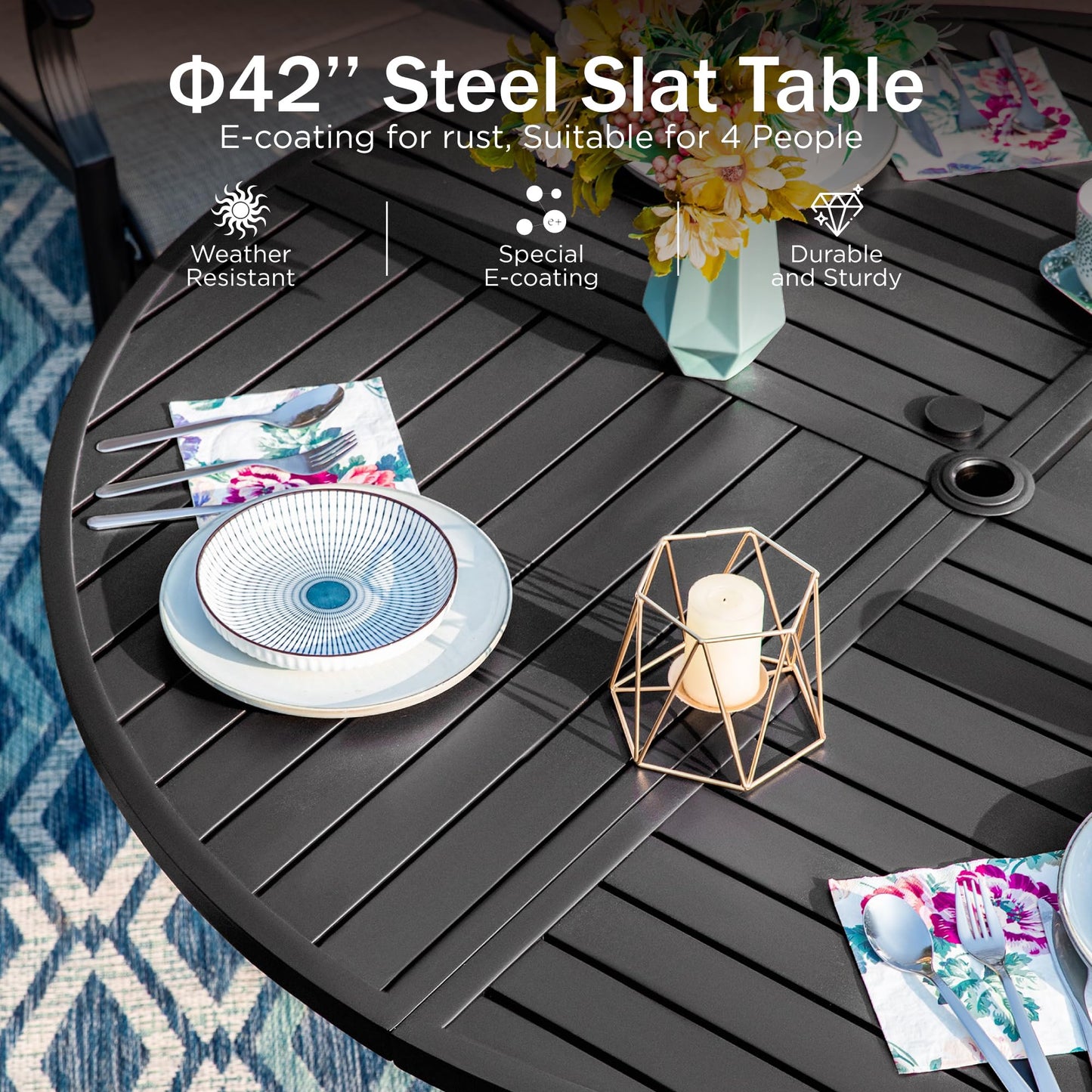 PHI VILLA 5 Piece Outdoor Patio Dining Set with 4 Padded Swivel Dining Chairs & 1 Large Round Dining Table, All Weather Blue Chair and Metal Table for Deck Lawn Garden