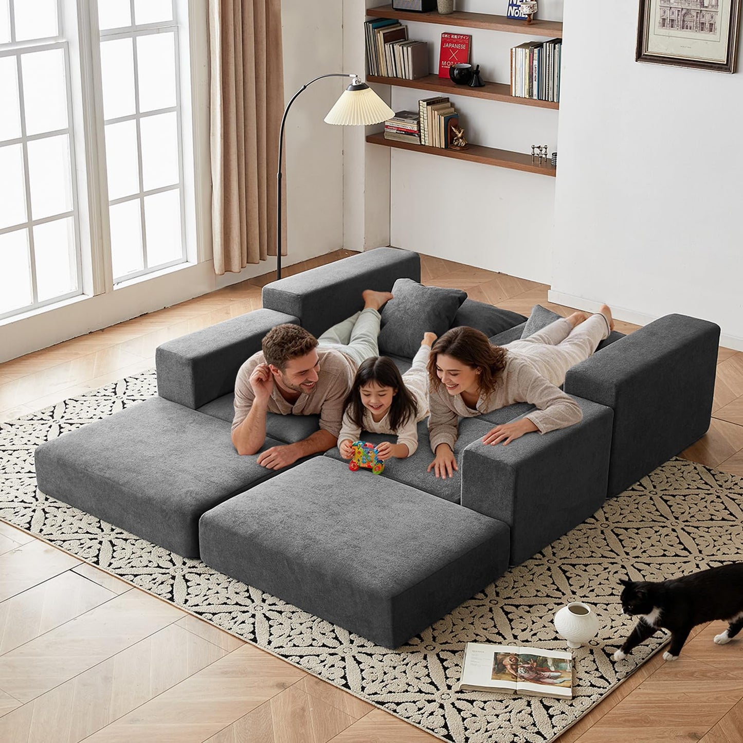 Modular Sectional Loveaeat Cloud Sofa, Boneless Couch with Non Slip Base, Cozy Sleeper Sofa for Customizable Living Spaces, Modern Modular Couch with L-Shape Chaise, Deep Seat & No Assembly, Grey