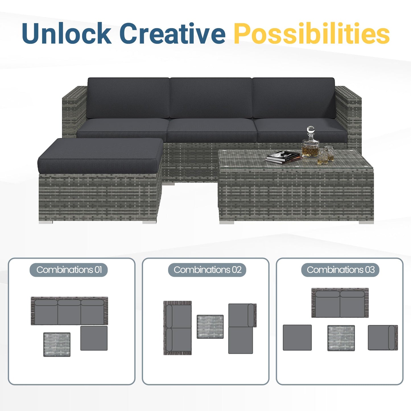 Wisteria Lane Outdoor Patio Furniture Set, All Weather Wicker Rattan Sectional Sofa, Patio Conversation Set with Cushions & Glass Coffee Table for Backyard Porch Garden Balcony, Grey