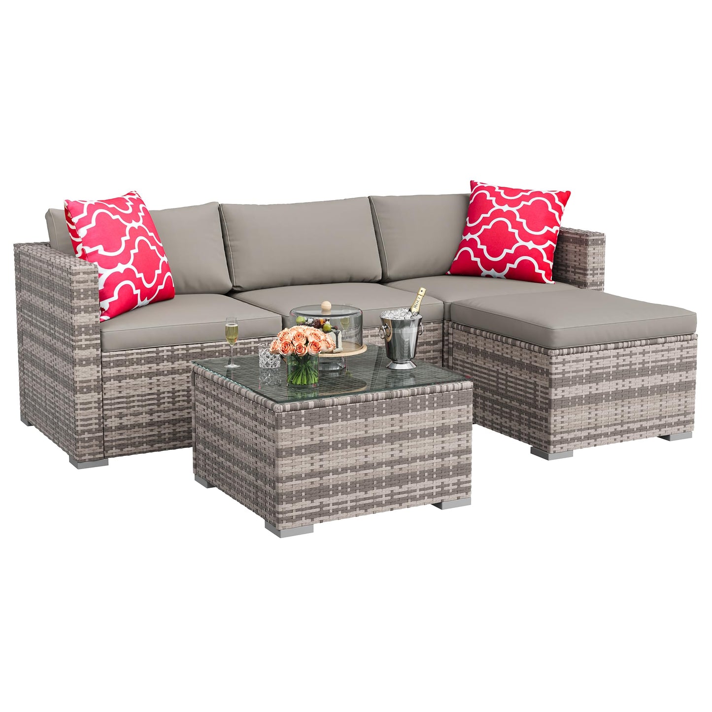 GAOMON 5-Piece All-Weather Patio Furniture Set, Convertible Outdoor Sectional Sofa with Ottoman & Tempered Glass Table, PE Rattan Conversation Set for Garden, Backyard, Porch, Poolside