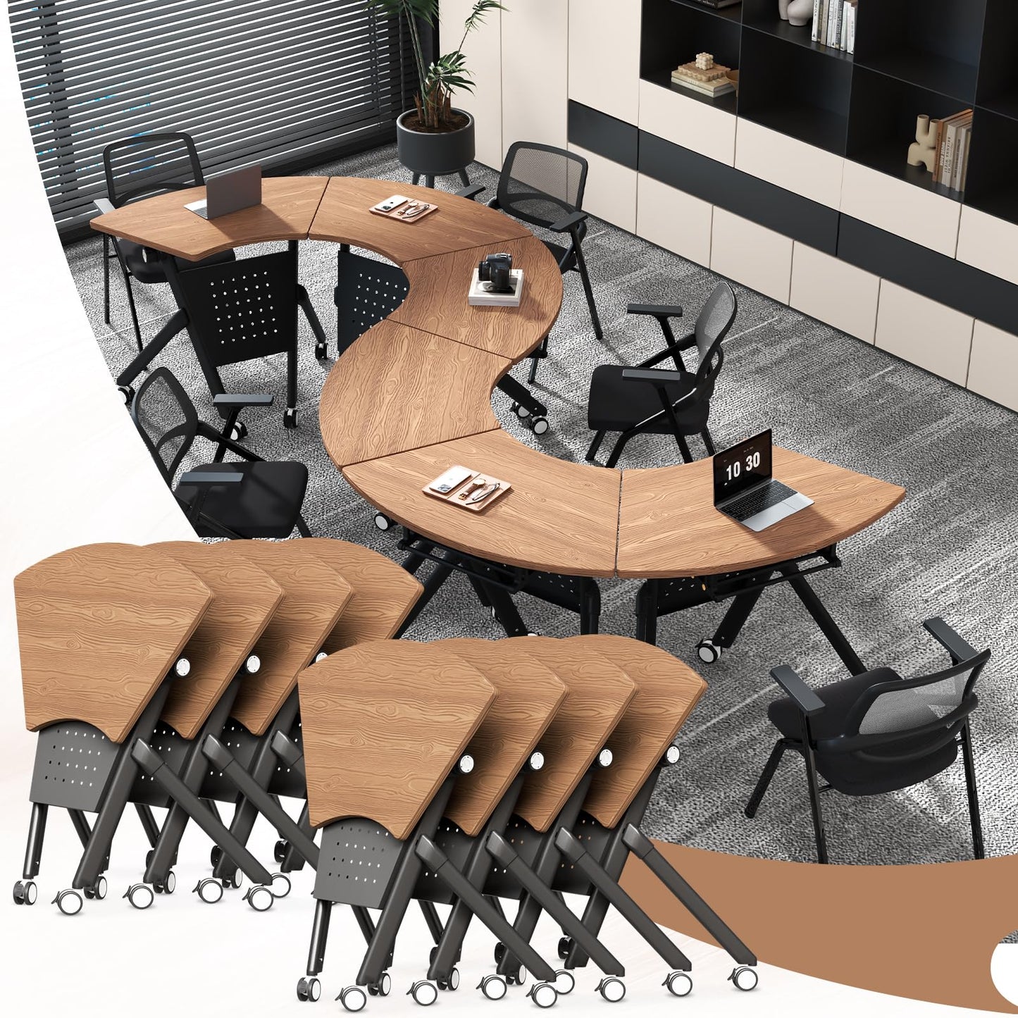 JFazzruit Folding Conference Table,Fan-Shaped Conference Room Tables with Wheels, Mobile Modular Seminar Meeting Desk for Classrooms,Office & Seminar (8, Fan-Walnut)