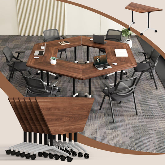6 Pack Folding Conference Table,T-Shaped Conference Room Tables with Wheels, 47.2 in Modern Conference Table,Mobile Modular Seminar Meeting Desk for Classrooms,Office & Seminar (6, Walnut)