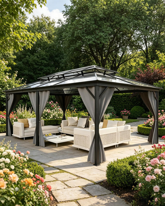 12' x 20' Permanent Outdoor Hardtop Gazebo, Sturdy Aluminum Frame Backyard Canopy with Double Polycarbonate Roof, Includes Mosquito Netting and Curtains for Patio, Lawn & Garden