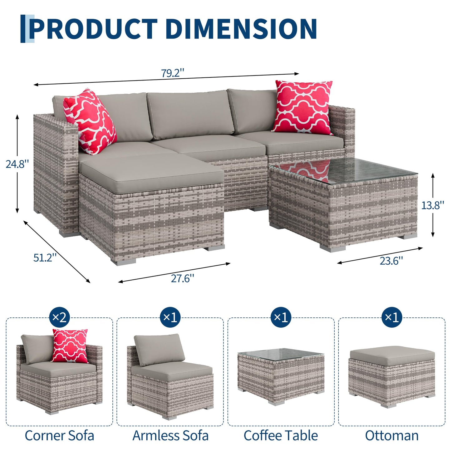 MilleLoom 5-Piece Outdoor Sectional Sofa Set, All-Weather PE Rattan Patio Furniture with Ottoman & Tempered Glass Table, Convertible Garden Couch for Backyard, Porch, Poolside (Gray)
