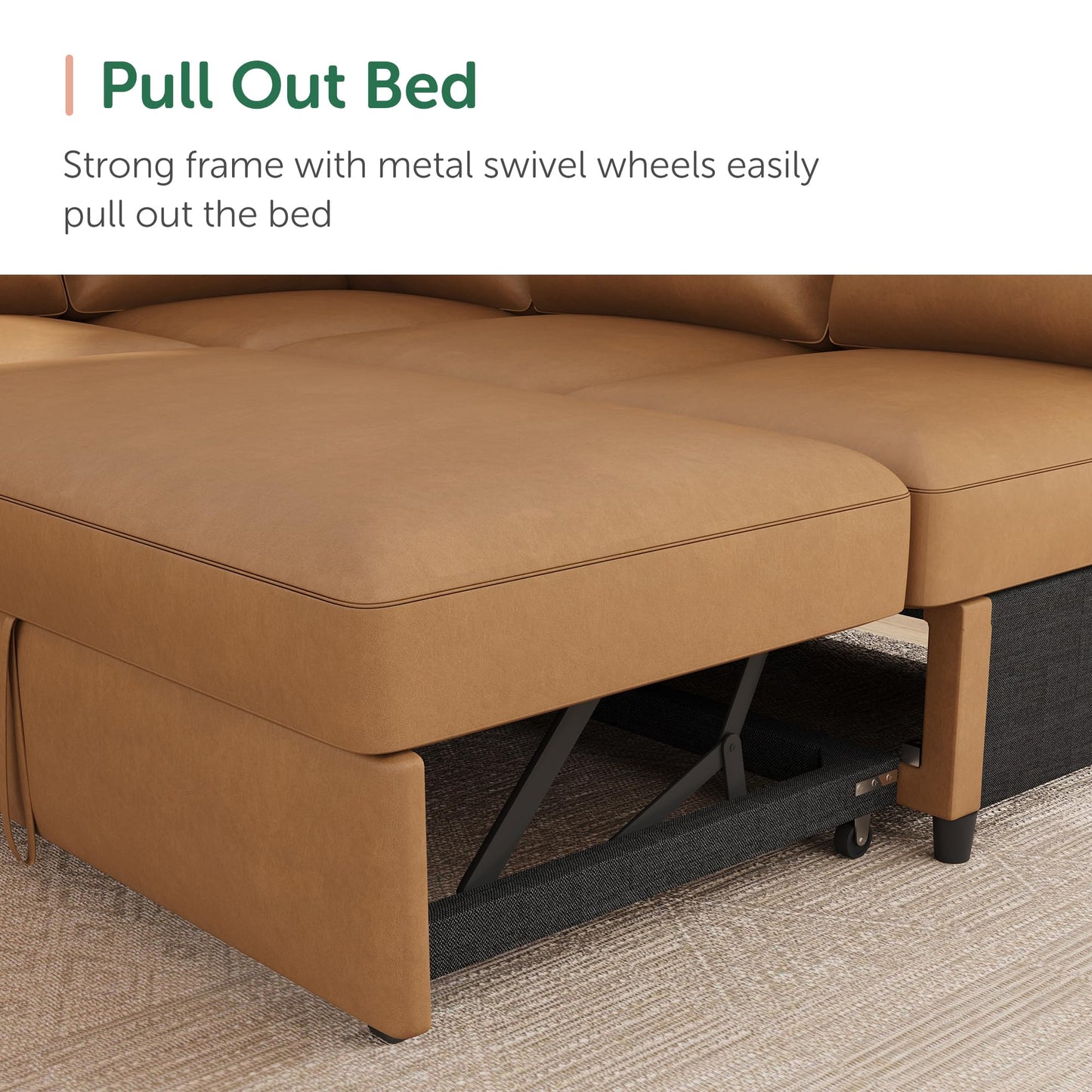 HONBAY Sleeper Sectional Couch with Pull-Out Bed Sectional Sleeper Sofa Pull Out Bed with Storage Chaise, 6 Seaters Couch for Living Room, Faux Leather Brown