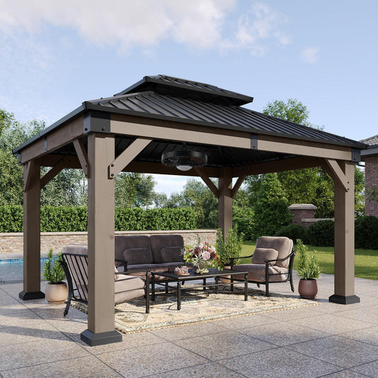 Aoxun 10' x 12' Outdoor Wood Gazebo, Hardtop Gazebo with Galvanized Steel Double Roof, Permanent Wooden Pavilion with Ceiling Fan, for Patio, Garden, Deck, Cedar Wood, Grey