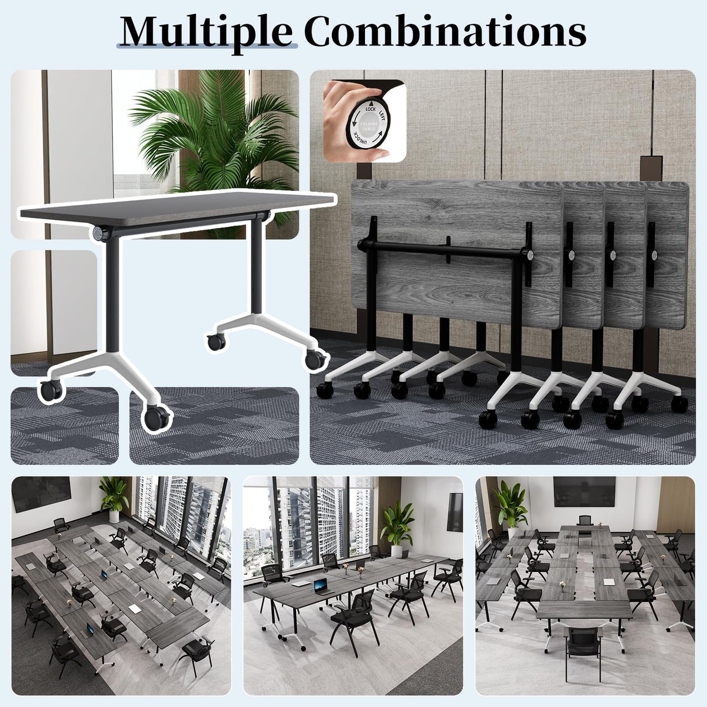Modular Folding Conference Table with Wheels,2 Pack Mobile Conference Room Tables,Filp Top Rolling Meeting Training Tables for Office,Classroom,Library,Seminar,Boardroom,school(2pack,Grey,47in)