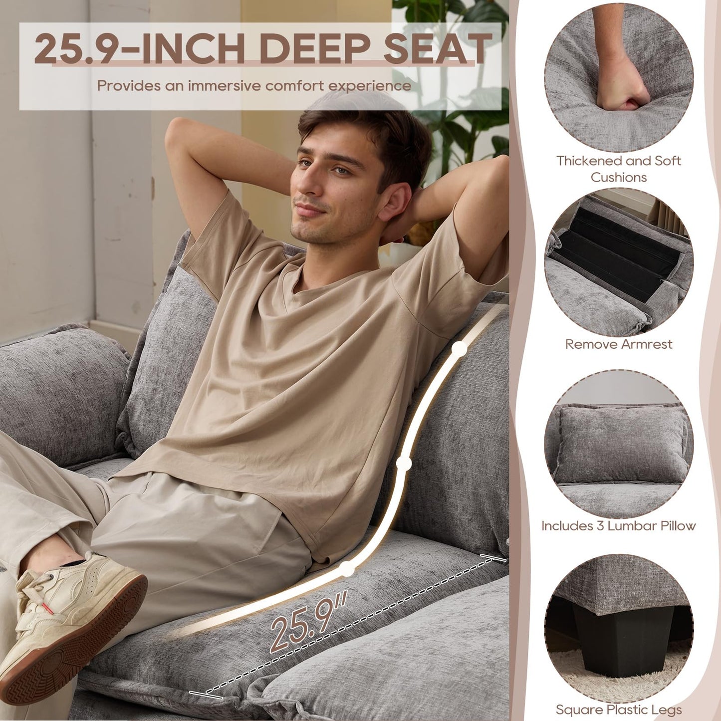 IPKIG 117" Modular Sectional Sofa, Chenille U-Shaped Sectional Couch Comfy Upholstered 3 Seat Sofa with 2 Ottoman, 3 Lumbar Pillow, Deep Seat Cloud Couch Sofa for Living Room, Light Grey