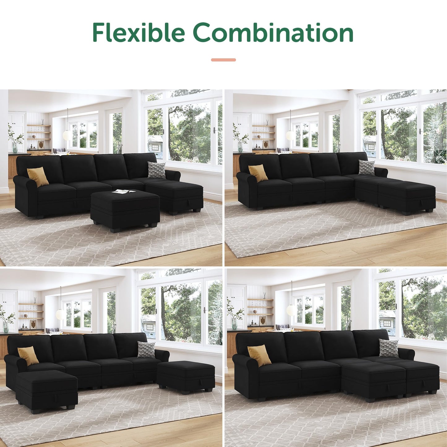 HONBAY Sectional Sofa with Storage Seat Velvet U Shaped Couch with Reversible Chaise Convertible Sectional Couches for Living Room,Black Velvet