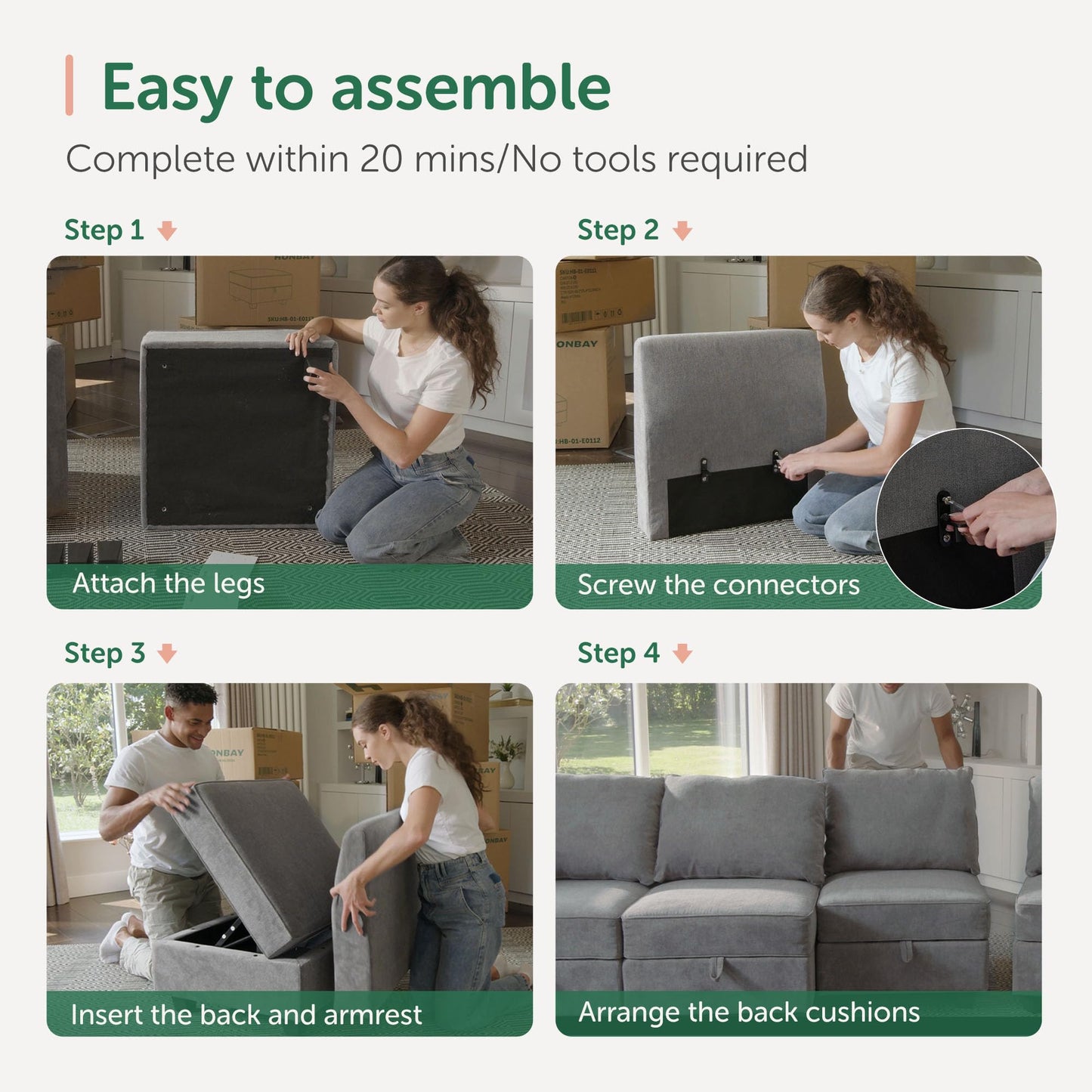 HONBAY Modular Sectional Sofa U Shaped Sectional Modular Sofa with Storage Convertible Sectional Couch for Living Room, Grey