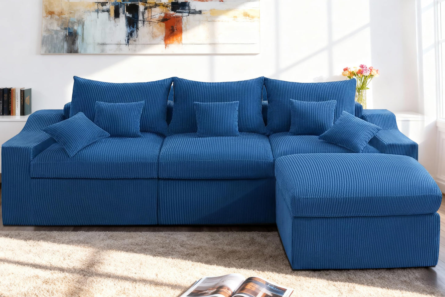HABUTWAY 104" L Shaped Cloud Sectional Couch, Boneless Modular Sectional Sofa with Deep Seat, Corduroy Couches for Living Room, Modular Couch, No Assembly Required (Blue)