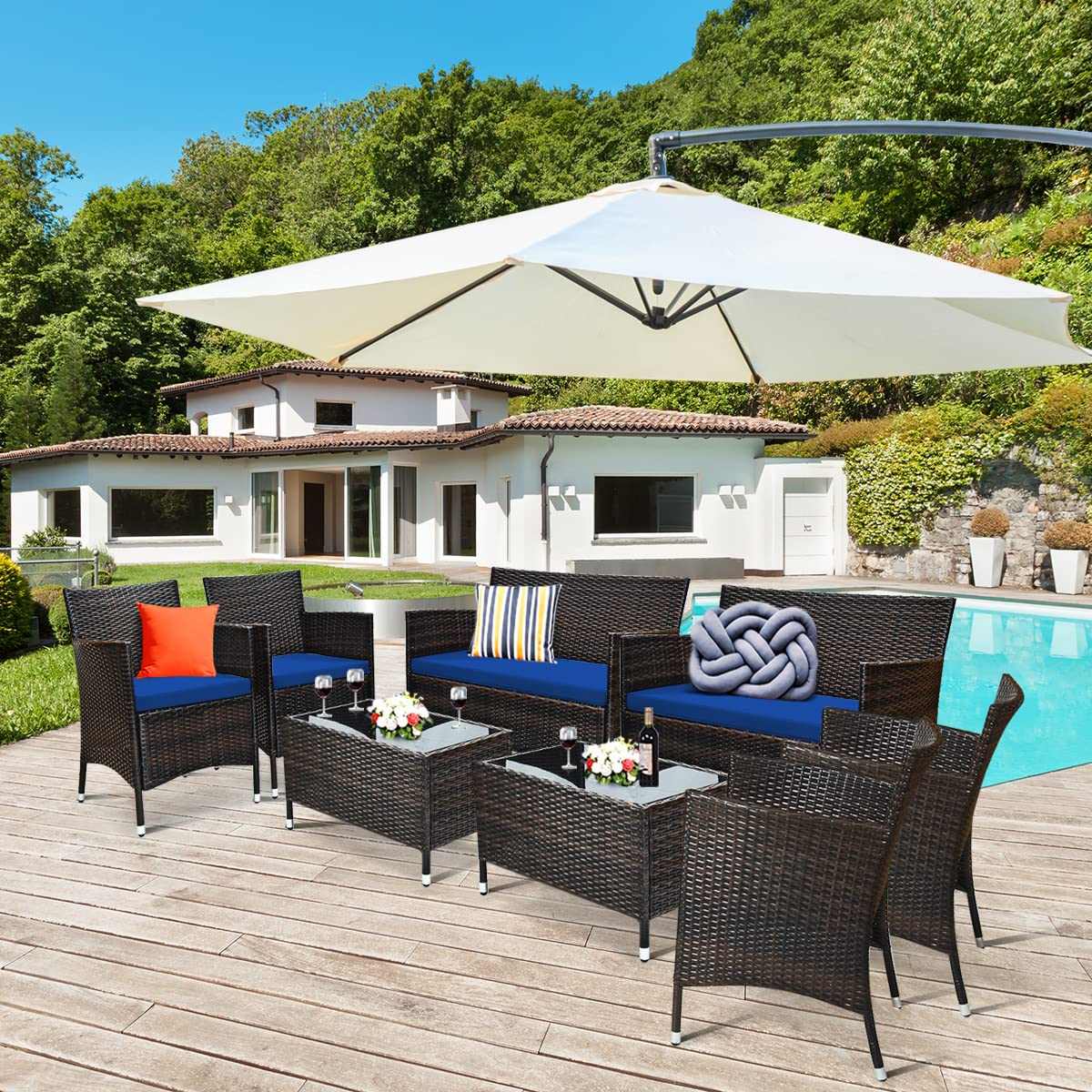 COSTWAY 8PCS Rattan Patio Furniture Set, Outdoor Wicker Rattan Chairs with Coffee Table, Rattan Cushioned Conversation Set for Backyard Balcony Porch Poolside, Navy