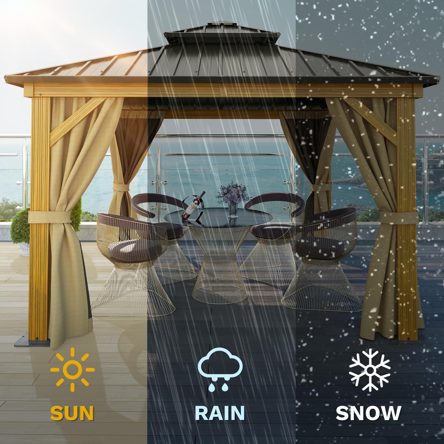DWVO 10x10ft Gazebo, Wood Grain Aluminum Hardtop Gazebo, Heavy Duty Double Roof Galvanized Steel with Nettings and Curtains for Patio, Backyard, Deck, Lawns, Brown