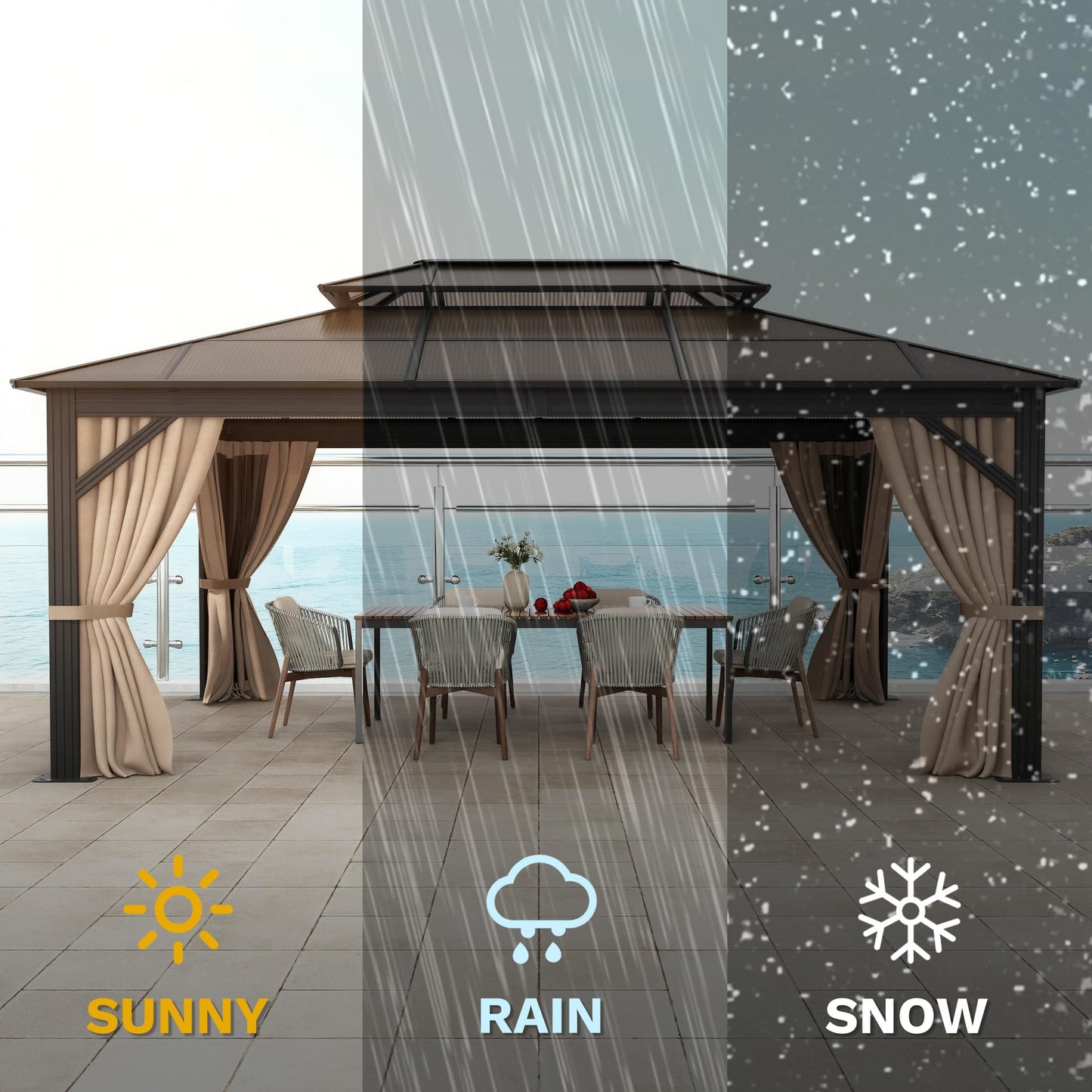 DWVO 12x16ft Gazebo Hardtop Double Roof Polycarbonate Canopy Outdoor with Netting and Shaded Curtains, Metal Frame Garden Tent for Patio, Backyard, Deck and Lawns, Brown
