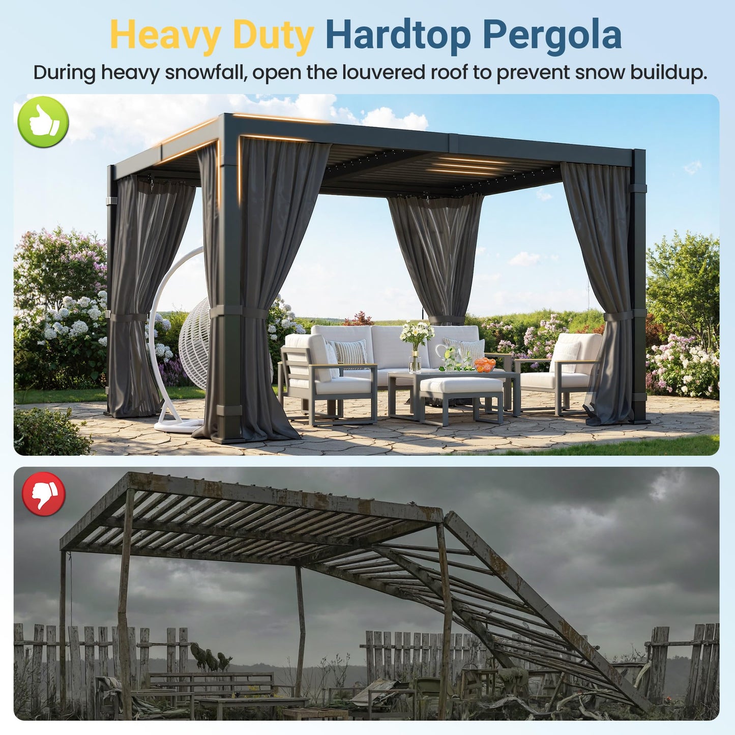 10' x 12' Louvered Pergola, Metal Outdoor Pergola with Adjustable Louvered Roof, Curtains & Netting, Patio Hardtop Gazebo with Gutter System for Deck, Garden, Yard, Dark Gray
