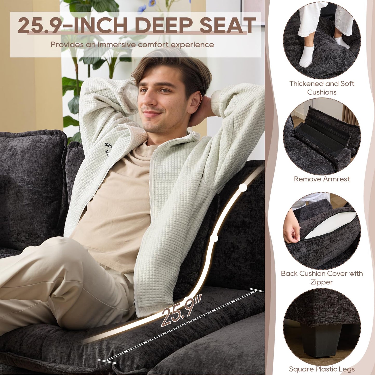 IPKIG 117" Modular Sectional Sofa, Chenille U-Shaped Sectional Couch Comfy Upholstered 3 Seat Sofa with 2 Ottoman, 3 Lumbar Pillow, Deep Seat Cloud Couch Sofa for Living Room, Black