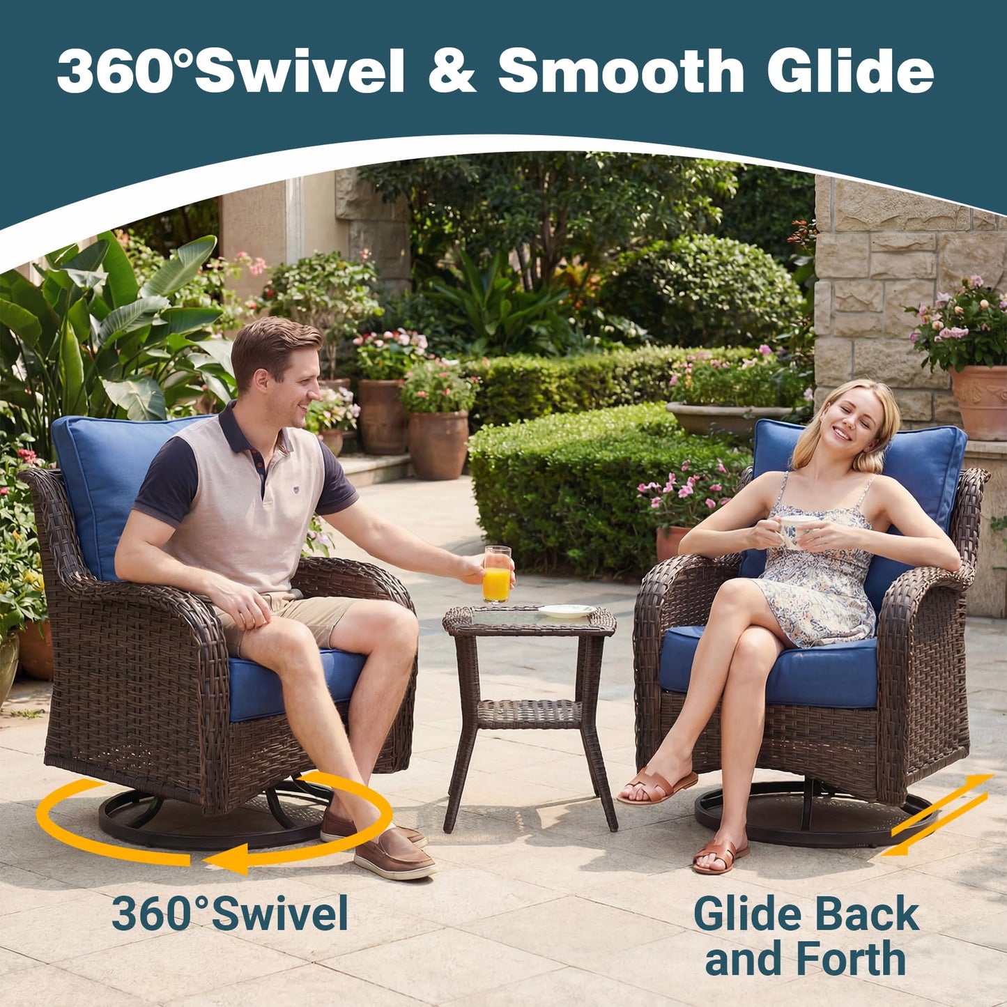 SAILARY Patio Furniture Set, 5PCS Outdoor Wicker Conversation Set with 6" Thick Cushions, High Back Swivel Rocker Chairs, Weather Resistant Olefin Fabric for Garden, Poolside, Navy Blue