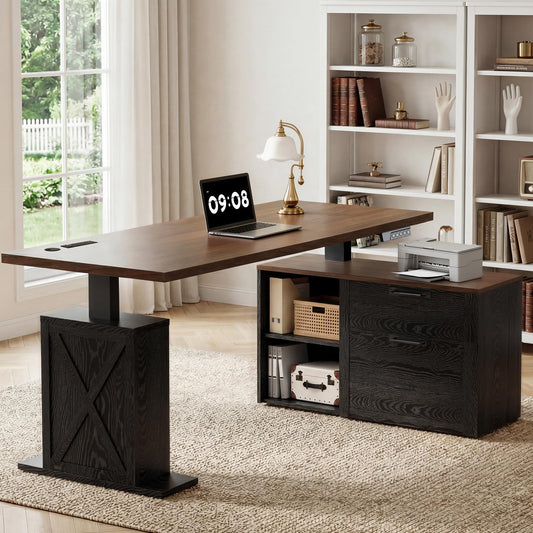 Homiflex 67" L Shaped Standing Desk with Drawers, Electric Height Adjustable Corner Desk, Sit Stand Office Desk with 4 AC Outlets & Type C Port, Executive Computer Desk with Cabinet, Brown & Black