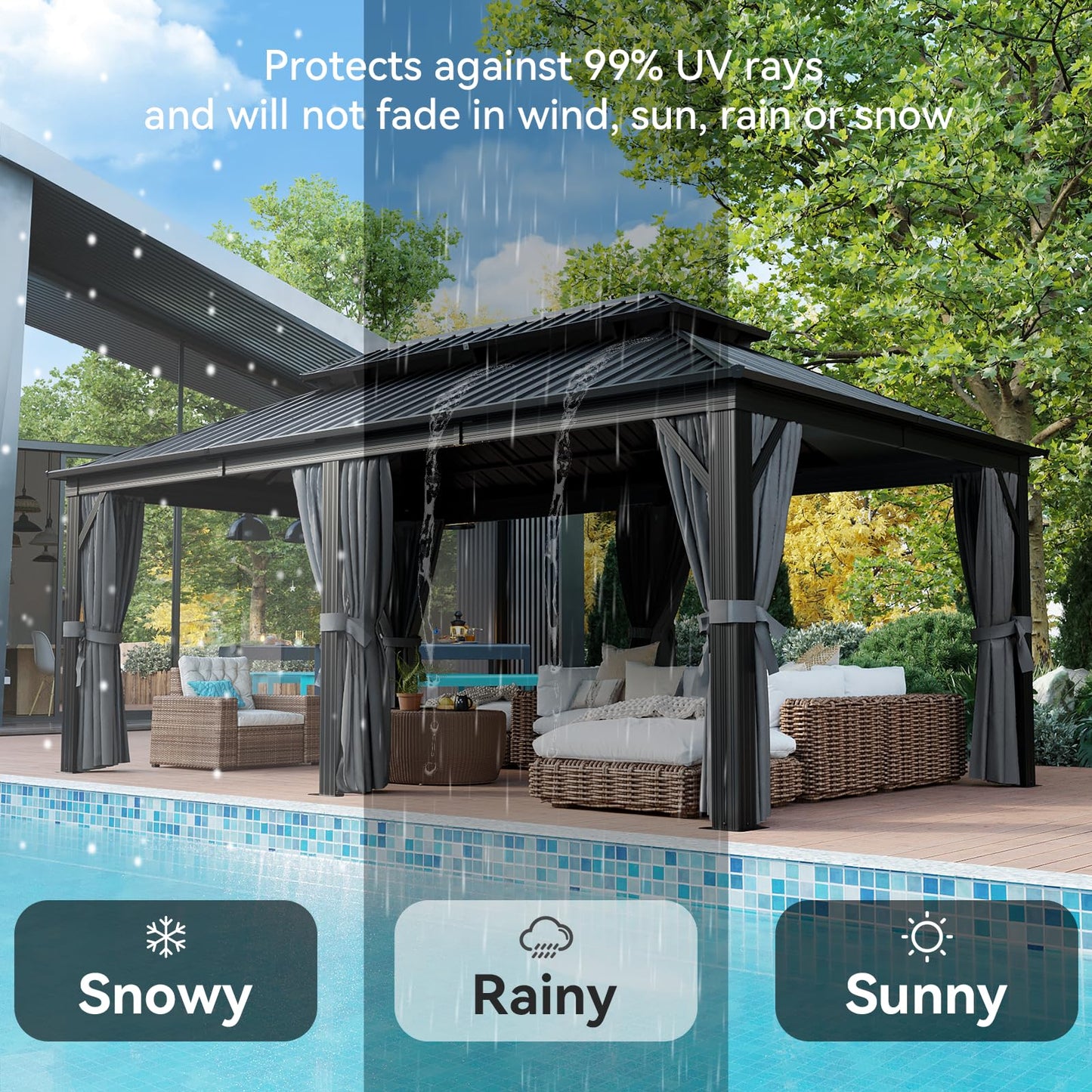Aoxun 12' X 20' Hardtop Gazebo, Galvanized Steel Double Top, Metal Gazebo with Curtains and Netting, Permanent Canopy Pavilion for Wedding, Party, Outdoor Dining