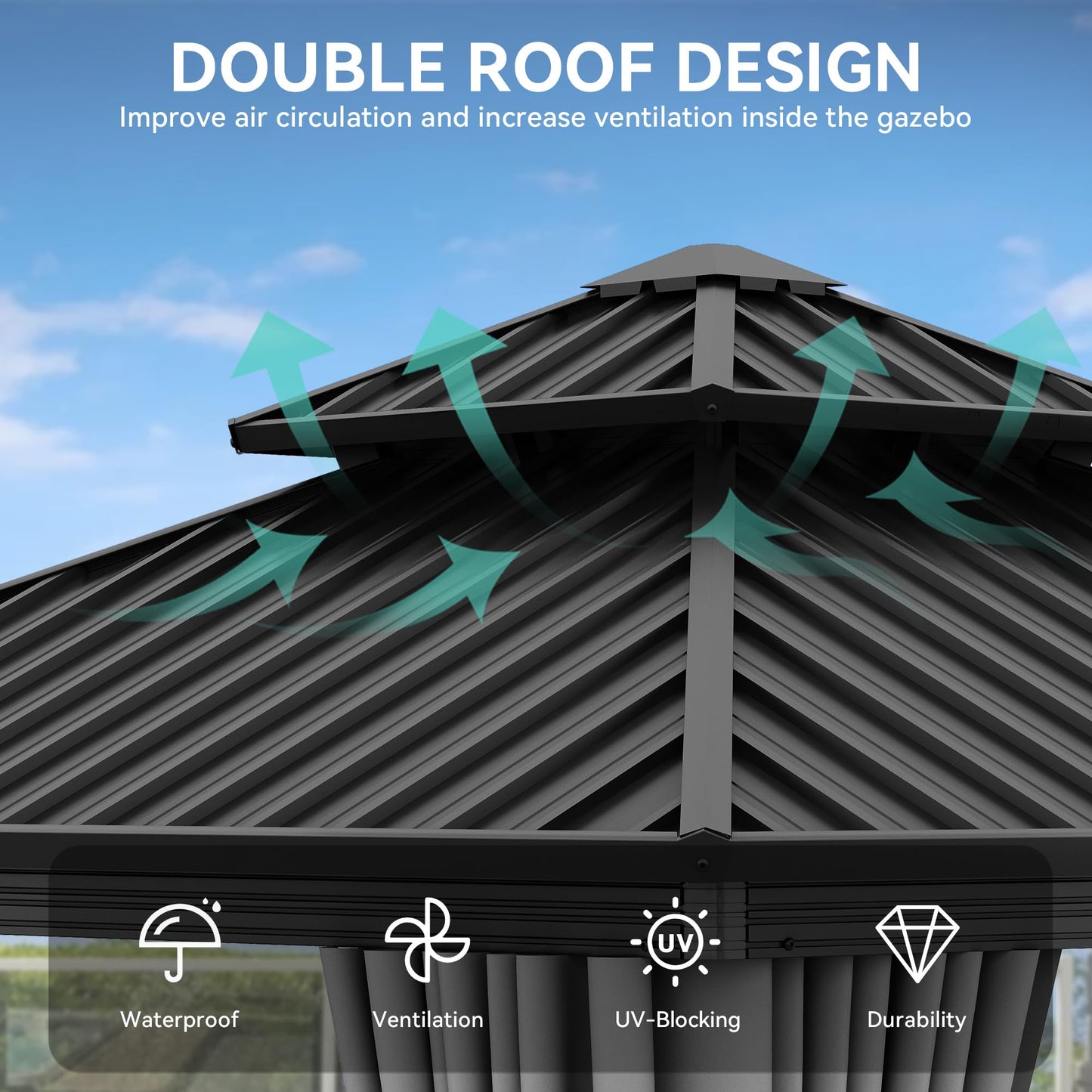 YITAHOME 10X10FT Hard Top Gazebo Patios Outdoor Double Roof Canopy Aluminum Frame Garden Gazebo with Curtains Netting for Backyards Decks Lawns, Gray