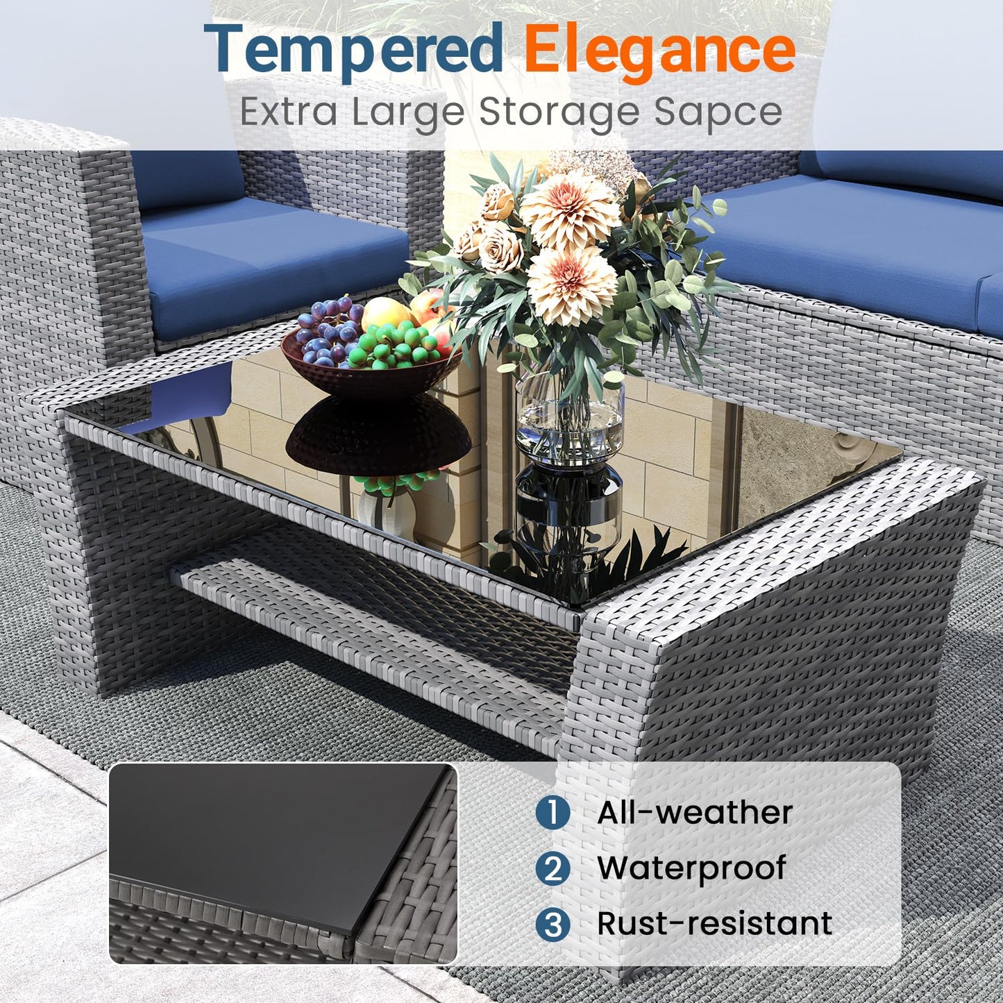 Wisteria Lane Patio Furniture Set, Wicker Outside Outdoor Furniture for All Weather, Patio Sofa with High Backrest Support and Wide Armrest for Backyard, Balcony, Deck, Porch, Blue