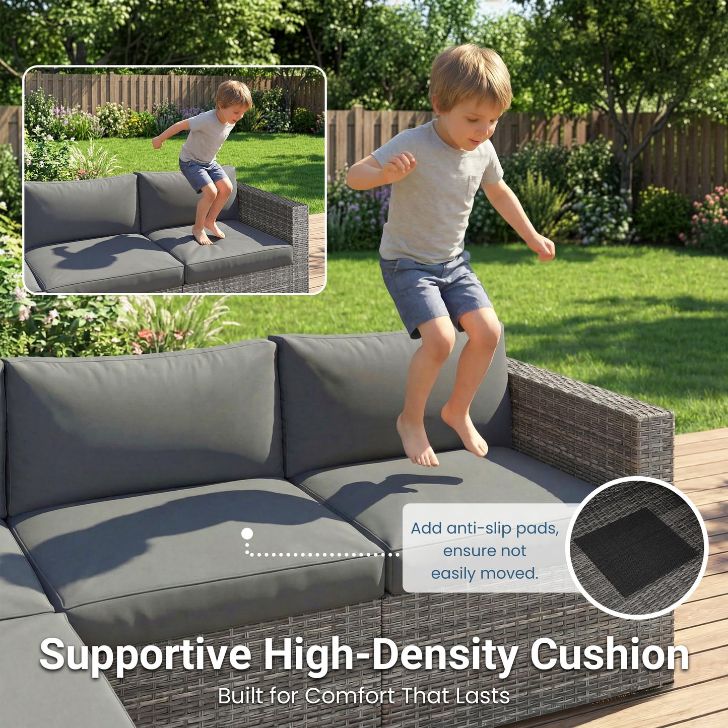 Wisteria Lane 5-Pieces Outdoor Patio Furniture Set, All Weather Wicker Rattan Sectional Sofa, Patio Conversation Set with Cushions & Glass Coffee Table for Backyard Porch Garden Balcony, Grey