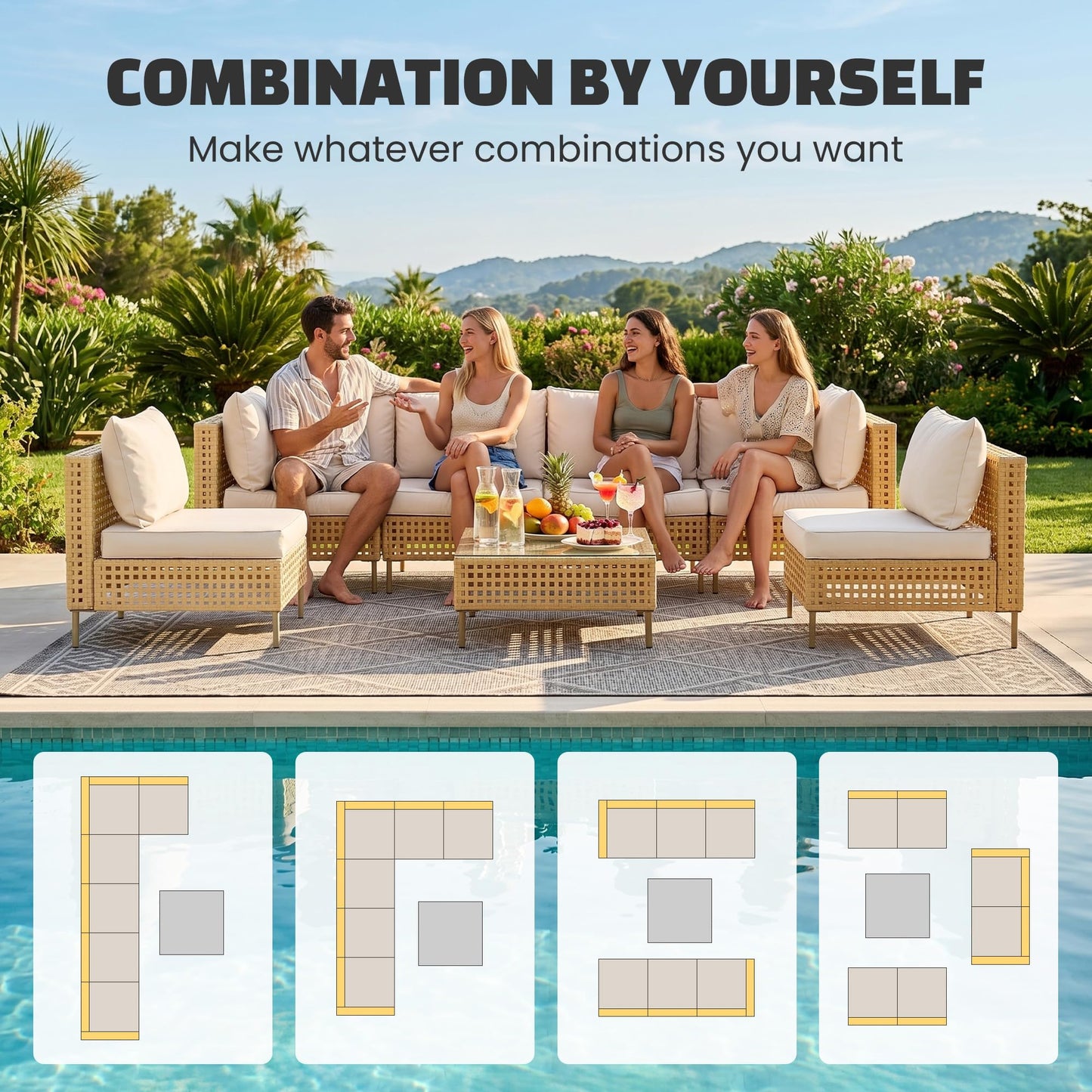 LHBcraft 7-Piece Wicker Outdoor Patio Furniture Set, Modular Rattan Outdoor Furniture, Patio Conversation Sets, Handmade Rattan, Water Resistant Fluffy Cushions and Coffee Table, Beige
