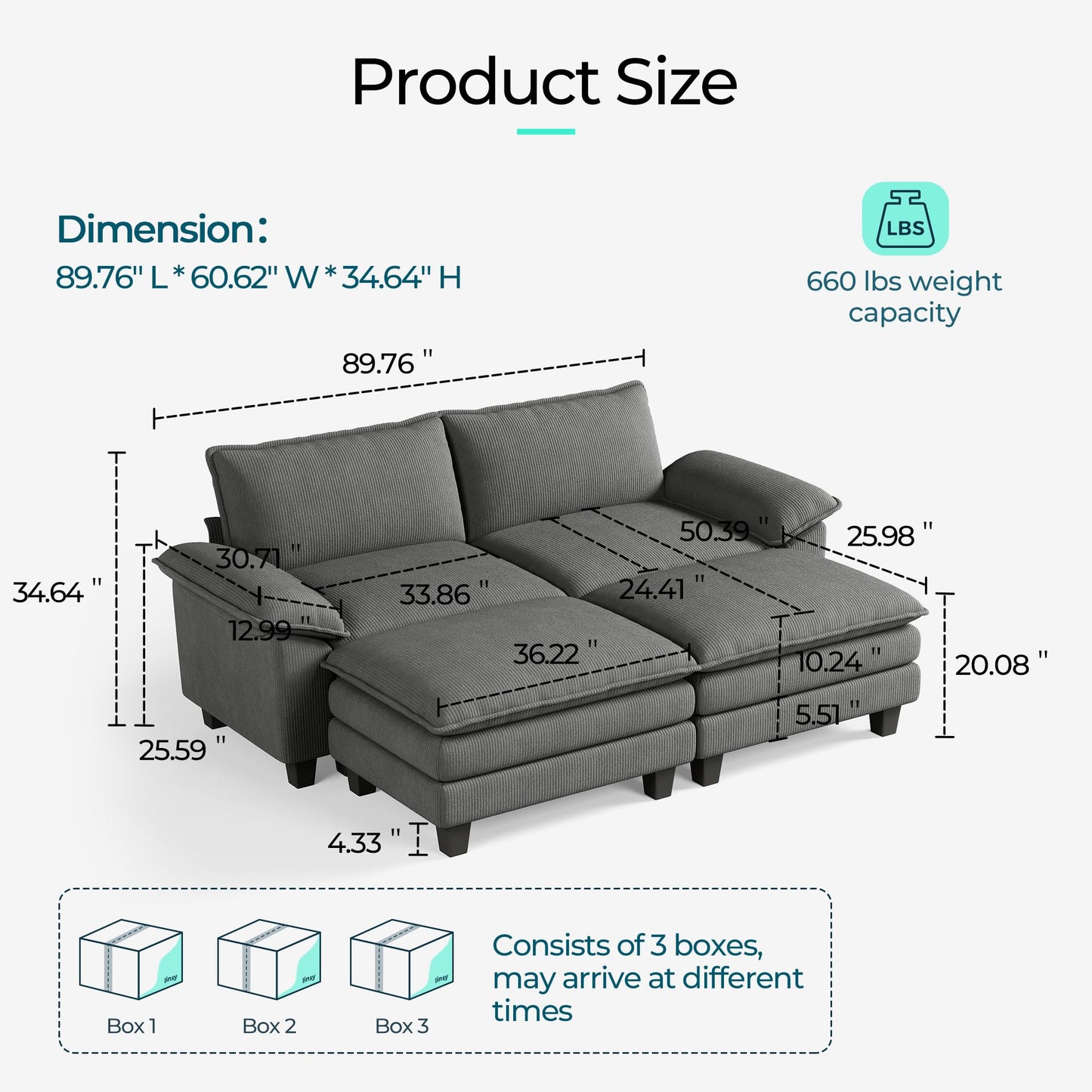 LINSY HOME Modular Sectional Sofa - 90 Inch Oversized Corduroy Cloud Couch with Movable Ottoman Soft Modern Comfy Sofa Set for Living Room Apartment Office, Grey