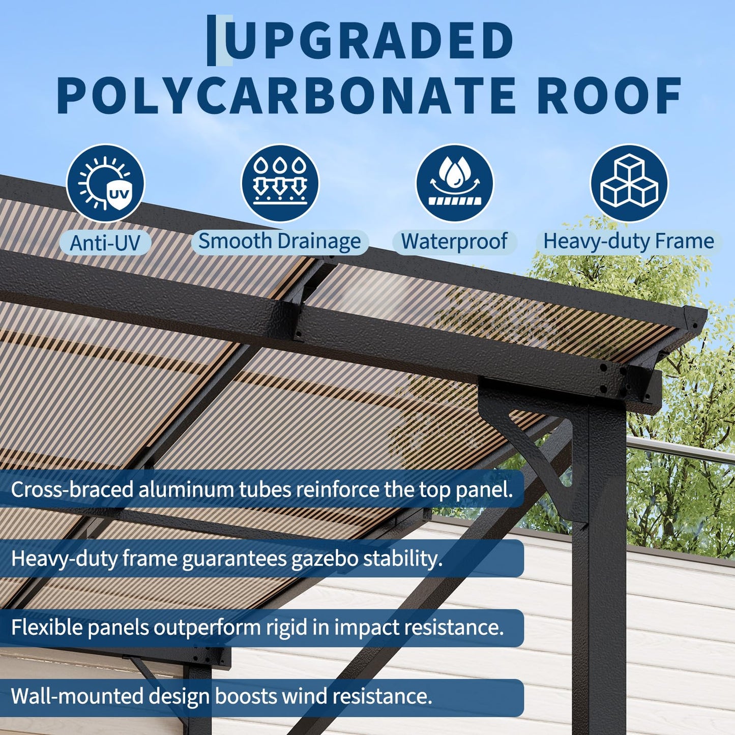 10x12ft Lean to Gazebo with Polycarbonate Hardtop Roof - Hardtop Wall Pergola, Aluminum Frame Wall Mounted Gazebo for Patio, Deck, Yard, Garden & Party Shade