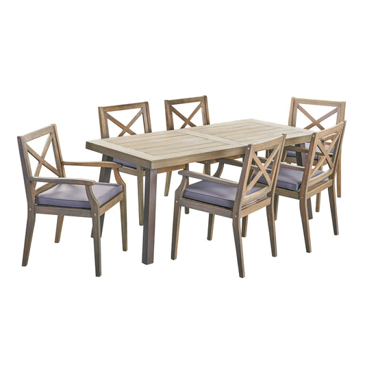 Christopher Knight Home Justin Outdoor 7 Piece Acacia Wood Dining Set, Teak, Gray Finish/Rustic Metal/Dark Gray