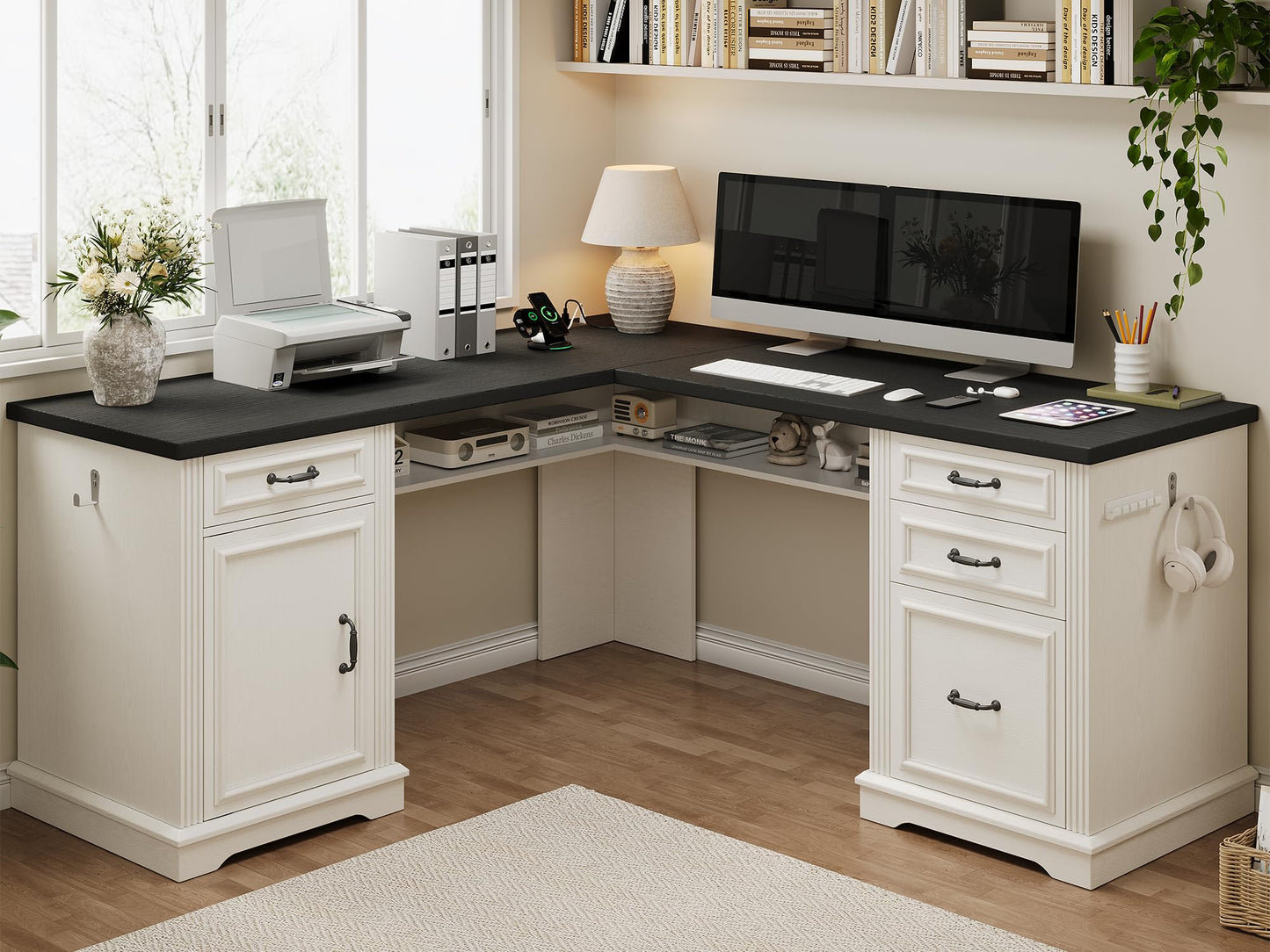 Jocoevol L-Shaped Executive Desk with Drawers, 59" Farmhouse Home Office Desk with File Cabinet, Computer Desk with Charging Station & Headphone Hook for Work/Study/Writing (White & Black)