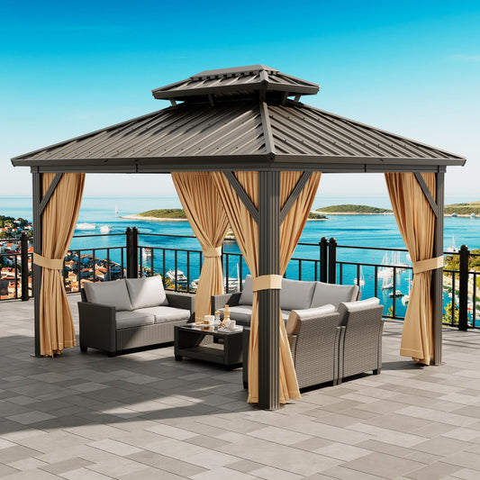12'x10' Hardtop Gazebo, Heavy Duty Aluminum Permanent Hardtop Gazebo Outdoor Pavilion with Curtains and Netting for Garden
