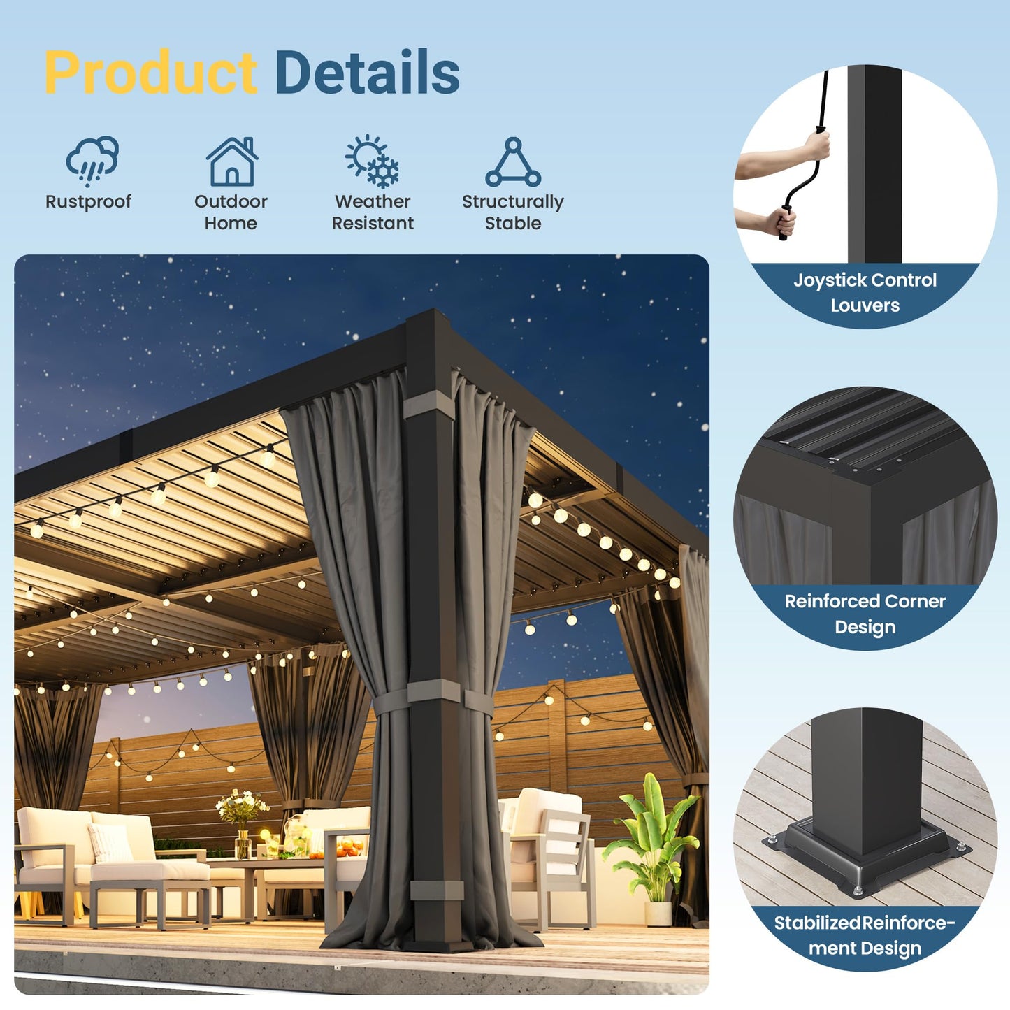 12' x 20' Louvered Pergola, Metal Outdoor Pergola with Adjustable Louvered Roof, Curtains & Netting, Gutter System, Hardtop Patio Gazebo for Patio, Deck, Garden, Yard, Dark Gray