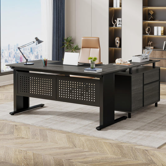 Tribesigns 63 Inch Executive Desk with File Cabinet, L Shaped Office Desk with Drawers and Storage Shelves, Business Furniture Set Workstation for Home Office, Gray and Black