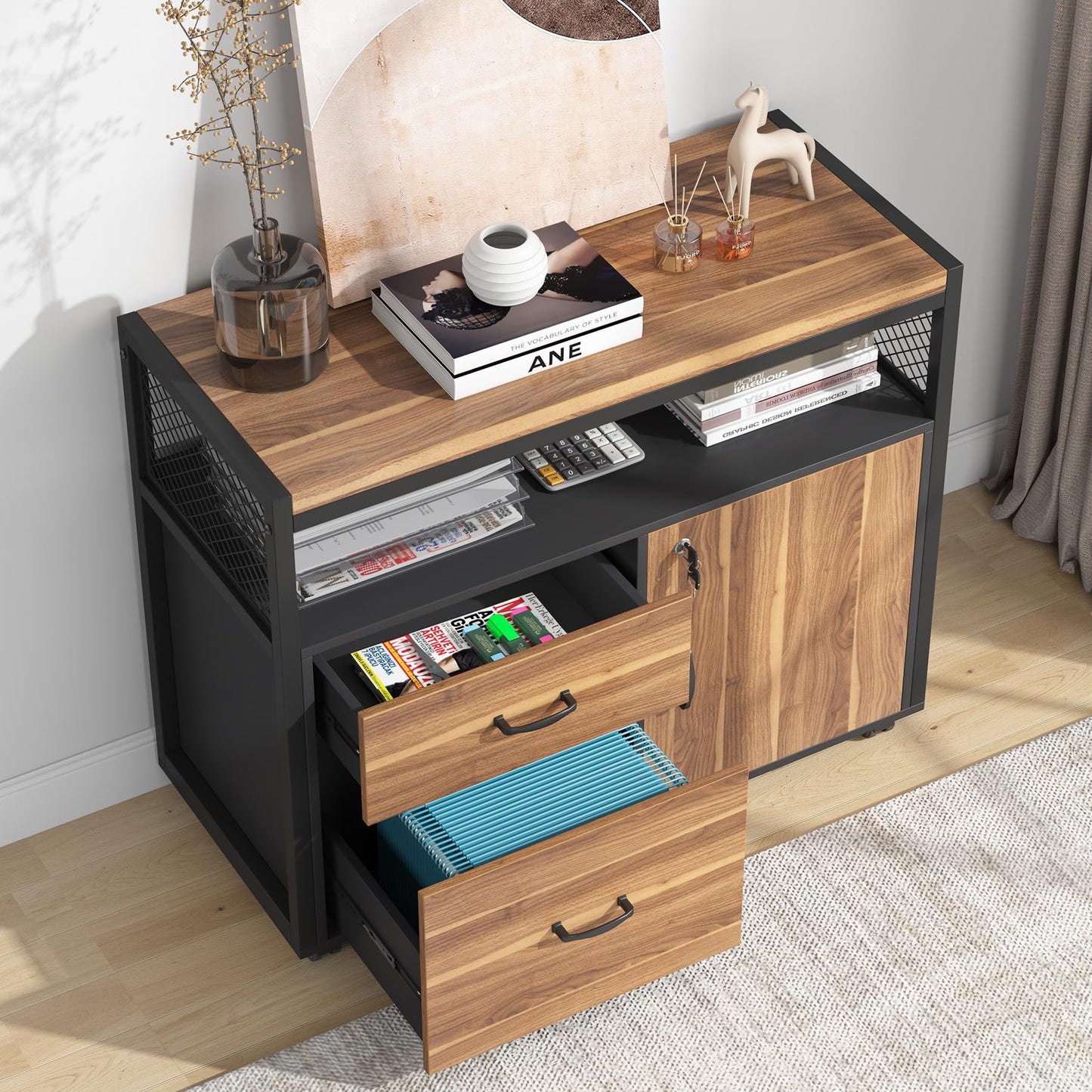 Tribesigns 63" Executive with Drawer Cabinet, L Shaped Desk and Lock lateral File Cabinet, 2 Piece Home Office Furniture Set with Drawers for Hanging File, (Brown, 63 inches)