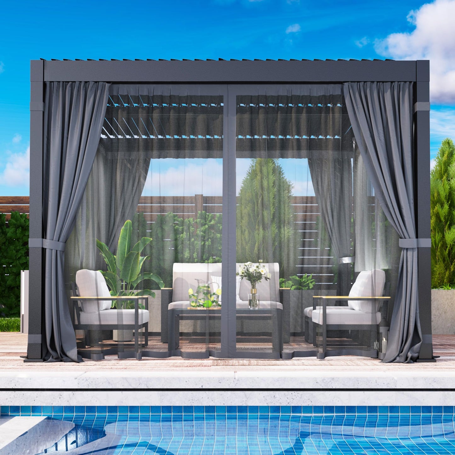 10' x 12' Louvered Pergola, Outdoor Pergola with Curtains & Netting, Metal Patio Pergola with Adjustable Louvers Roof and Gutter System, Metal Hardtop Gazebo for Patio, Deck, Garden, Yard, Dark Gray