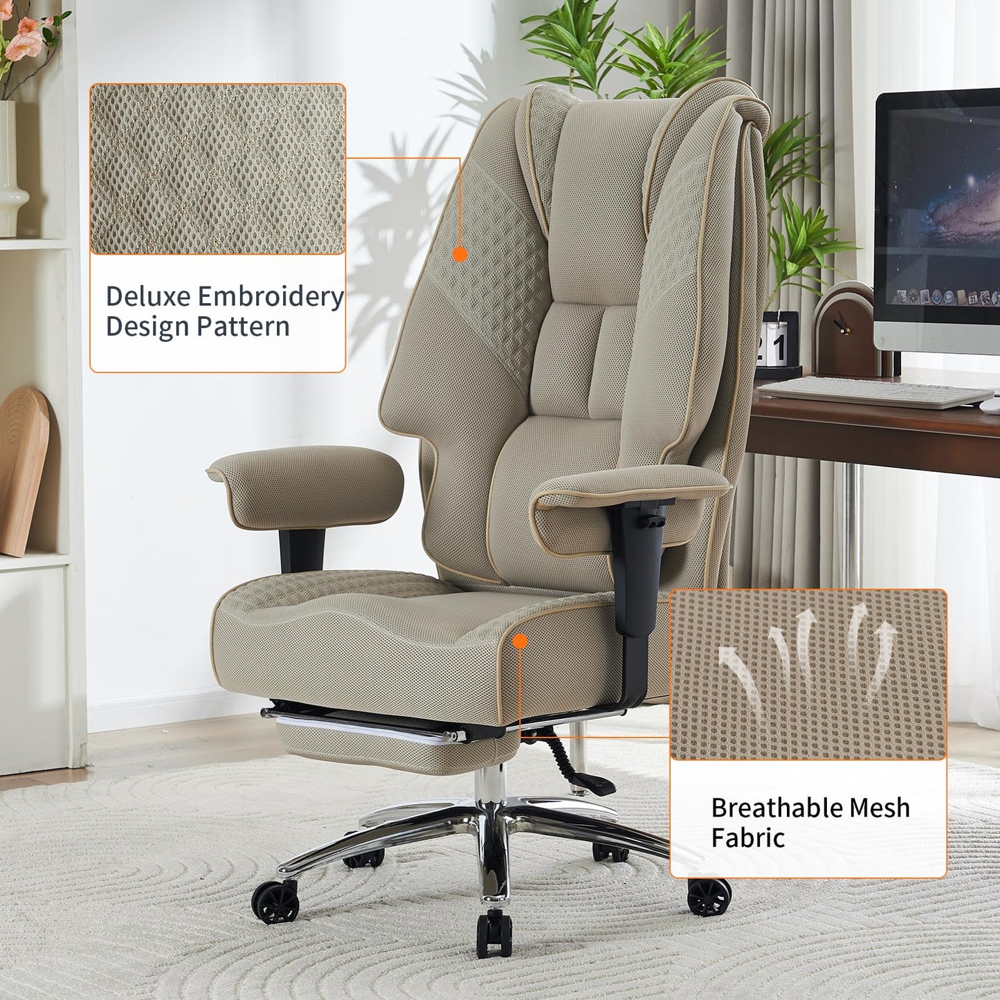 EXCEBET Big and Tall Office Chair 400lbs Wide Seat, Leather High Back Executive Office Chair with Foot Rest, Ergonomic Chairs Lumbar Support for Lower Back Pain Relief (Mesh Dark Beige)