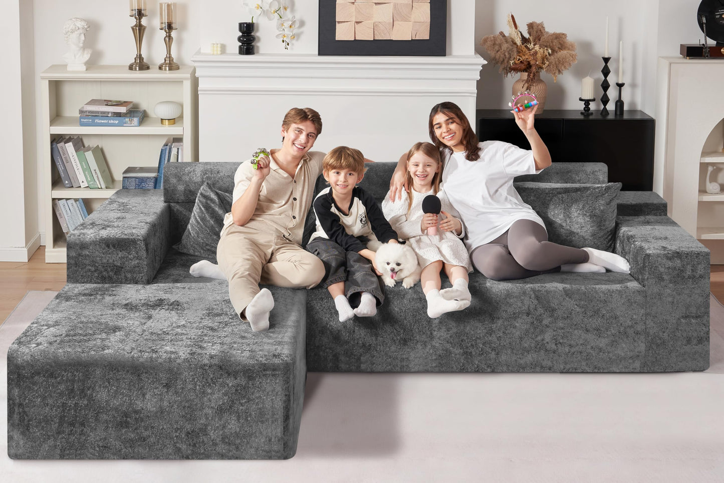 HABUTWAY 105" L-Shape Modular Sectional Sofa Couch for Living Room,No Assembly Required,Modular Comfy Sofa with Deep Seat for Living Room Bedroom,Luxury Distressed Velvet(Left,Grey)