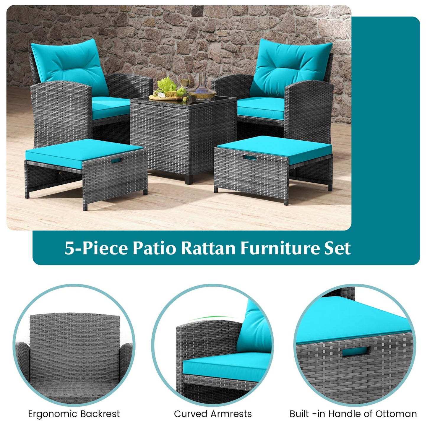 Tangkula 5 Pieces Patio Conversation Set, PE Wicker Rattan Outdoor Furniture Set with 2 Chairs, 2 Ottomans & Tempered Glass Coffee Table, Ideal for Poolside, Backyard, Lawn, Deck, Mix Grey & Turquoise