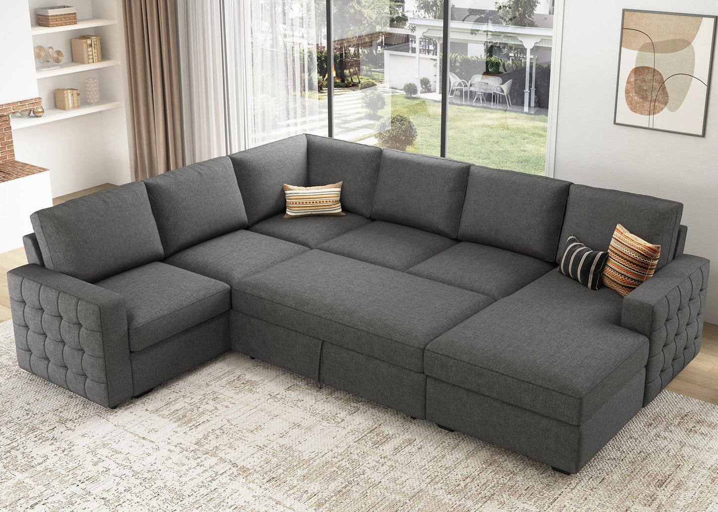 HONBAY Sectional Sleeper Sofa with Pull Out Bed U-Shape Sectional Couch Sleeper Bed with Storage Chaise 6 Seater Sleeper Sectional Sofa, Light Grey