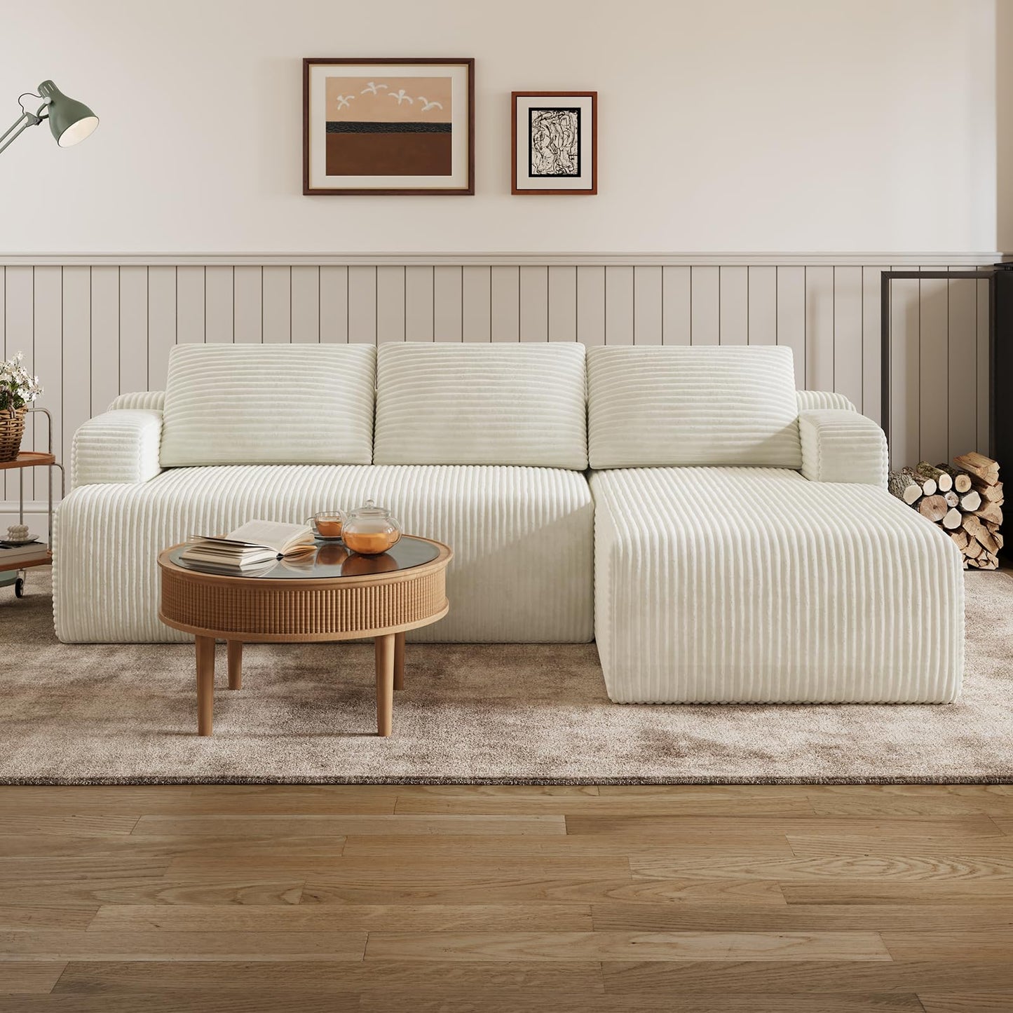 Novilla L-Shape Sectional Couches for Living Room with Smarts Coil® Support, 3 Seater Sectional Sofas for Living Room Bedroom, Corduroy Cloud Couch Sectional, No Assembly(Beige, Right Hand Facing)