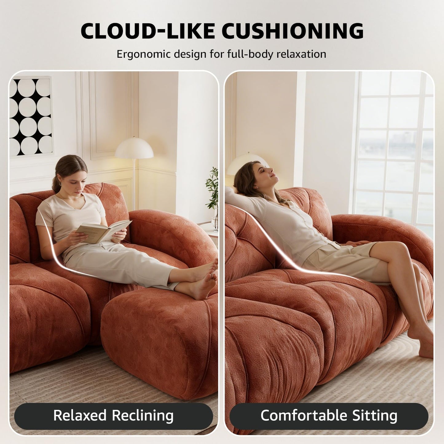 Red L-Shaped Sectional Couches for Living Room, Velvet Fabric Boneless Couch, No Assembly Cloud Modular Sectional Sofa with 1 Ottoman, Foam Couch Compressed Sofa Set for Apartment, Sofas para Sala