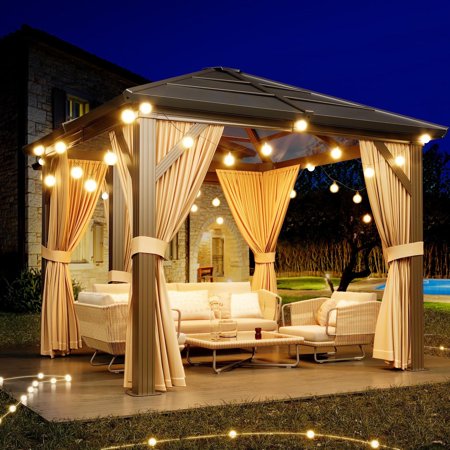 GAOMON 10'x12' Hardtop Gazebo, Outdoor Polycarbonate Double Roof Canopy, Aluminum Frame Permanent Pavilion with Curtains and Netting, Sunshade for Garden, Patio, Lawns (10x12ft), Brown