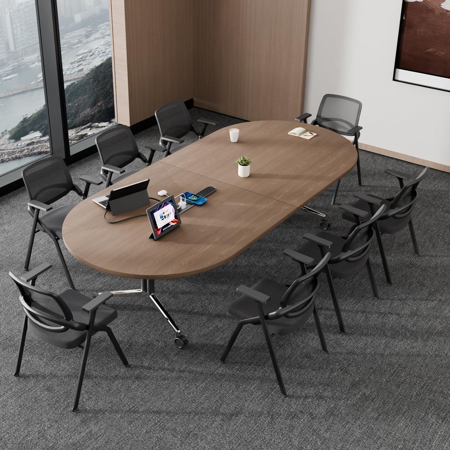 8 FT Large Folding Conference Table, Oval Training Seminar Tables for 8-10 People,Built-in Wireless Charger and Power Box,Metal Legs Rolling Training Table for Office (1, Walnut, 94.5"L×47.2"W×29.5"H)
