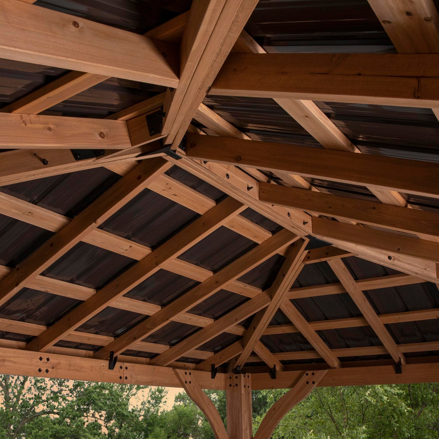Backyard Discovery Barrington 14' x 10' Cedar Wood Outdoor Gazebo Pavilion with Hardtop Galvanized Steel Hip Roof, Snow Support, Wind Resistance, PowerPort, Shade for Garden, Patio, Deck, Entertaining