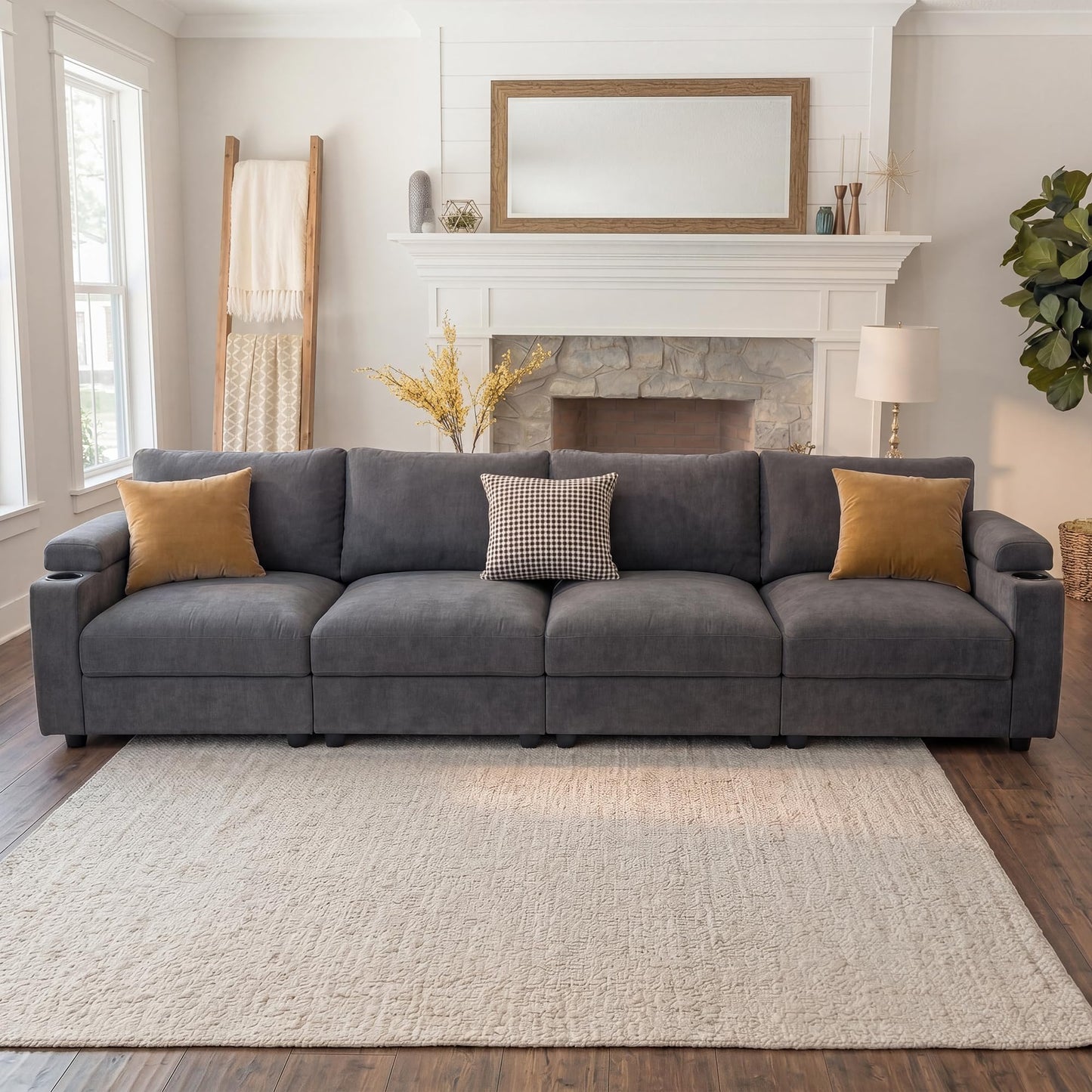 Sectional Couches for Living Room FSC Certified Velvet Modular Couch Oversized Cloud U Shaped Convertible Sleeper Sofa Chaise Detachable Armrest Cushion (Velvet Grey, 4 Seat)