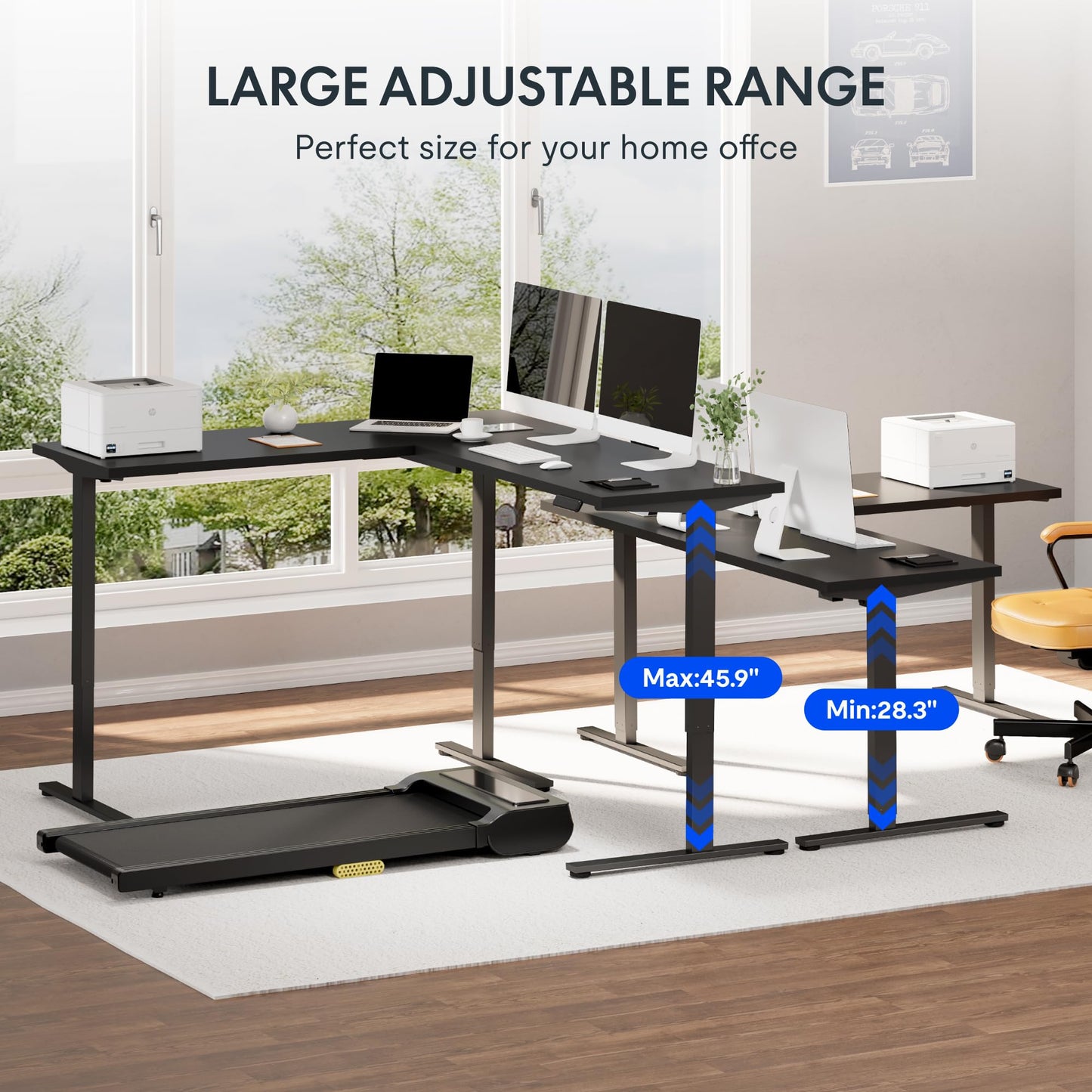 FLEXISPOT L Shaped Standing Desk, 63 x 47 Inch Electric Height Adjustable Corner Desk, Sit Stand Computer Workstation, Preset Controller, Home Office, Black Frame with Black Top