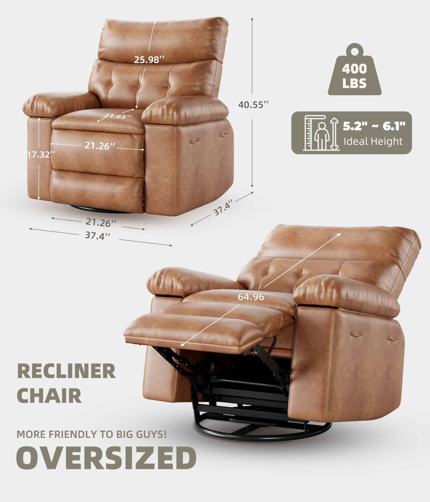 Garvee Oversized Recliner Chair - PU Leather Manual Recliner for Adults, Comfy Reclining Chair with Overstuffed Arms and Back, Side Pocket, Single Sofa for Living Room, Bedroom