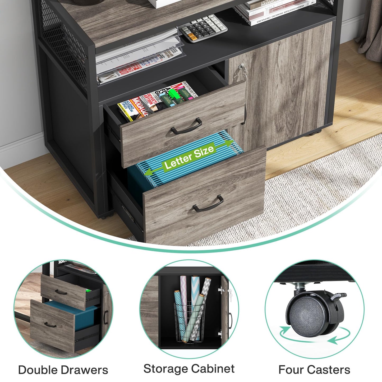 Tribesigns L Shaped Desk with Drawer Cabinet, 63" Executive Computer Desk and lateral File Cabinet, 2 Piece Home Office Furniture with Drawers for Hanging File, Doors with Locks (Gray, 63 inches)