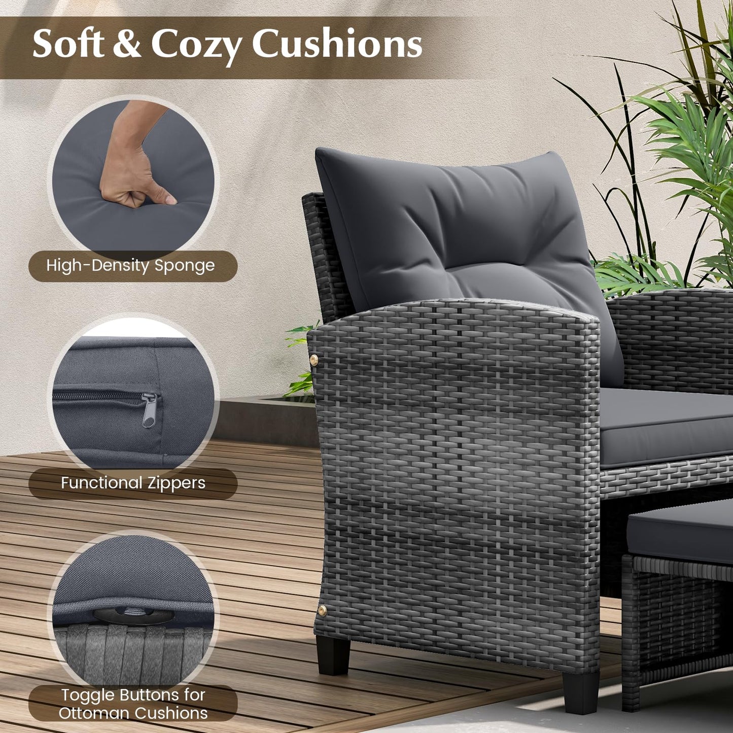 Tangkula 5 Pieces Patio Conversation Set, PE Wicker Rattan Outdoor Furniture Set with 2 Chairs, 2 Ottomans & Tempered Glass Coffee Table, Ideal for Poolside, Backyard, Lawn, Deck, Grey